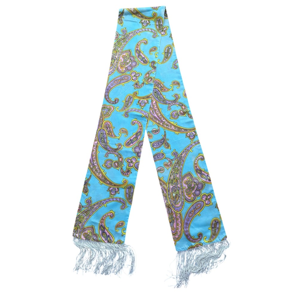Vintage 60s Psychedelic Paisley Scarf Mod Fringe Long Retro Boho OS Aqua Pink